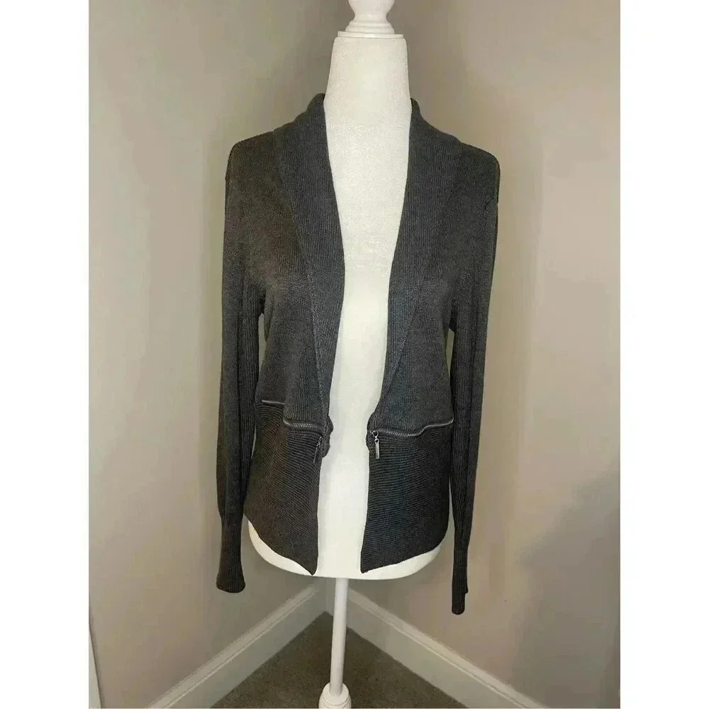 Carmen Marc Valvo Women's Gray Knit‎ Long Sleeve Open Front Cardigan L
